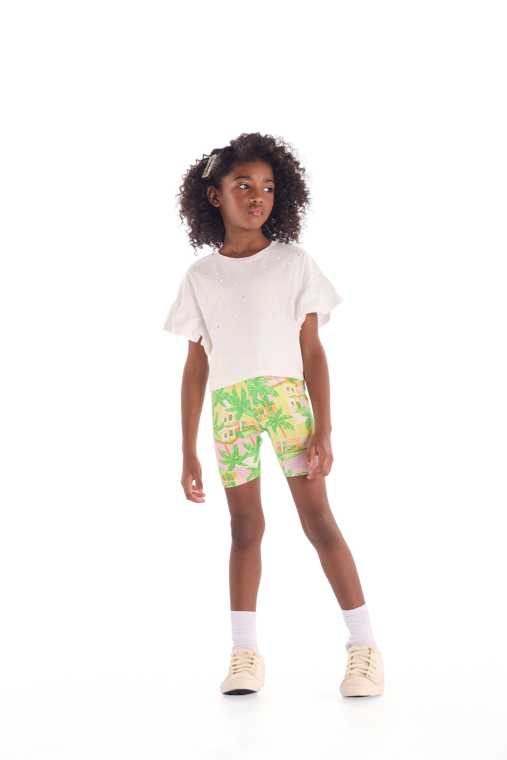 Blusa Infantil Manga Franzida com Strass (Off White) Quimby
